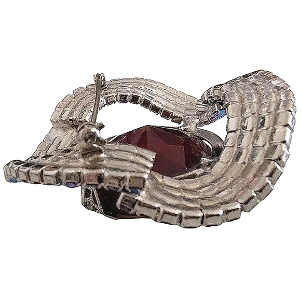Vintage Wavy Silver Tone Topaz Red Givre Glass & AB Rhinestone Unsigned